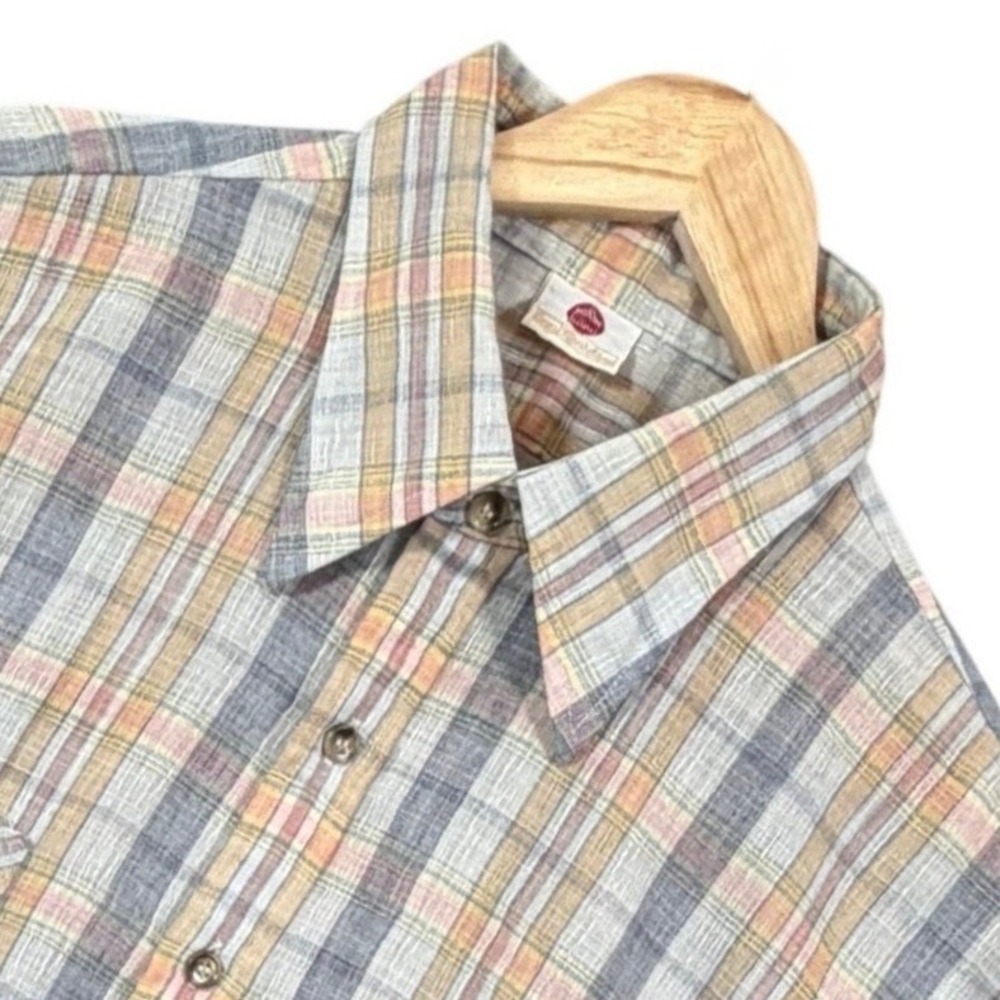Vintage Sears Perma-Prest Men L Plaid Short Sleeve Dagger Collar Button Up Shirt